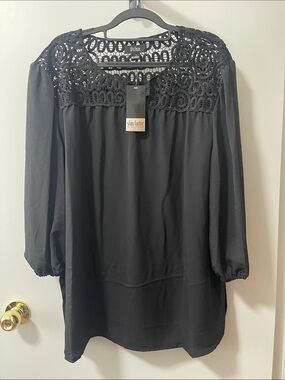 Slim Factor by Investments Black Crochet Yoke Blouse Size L